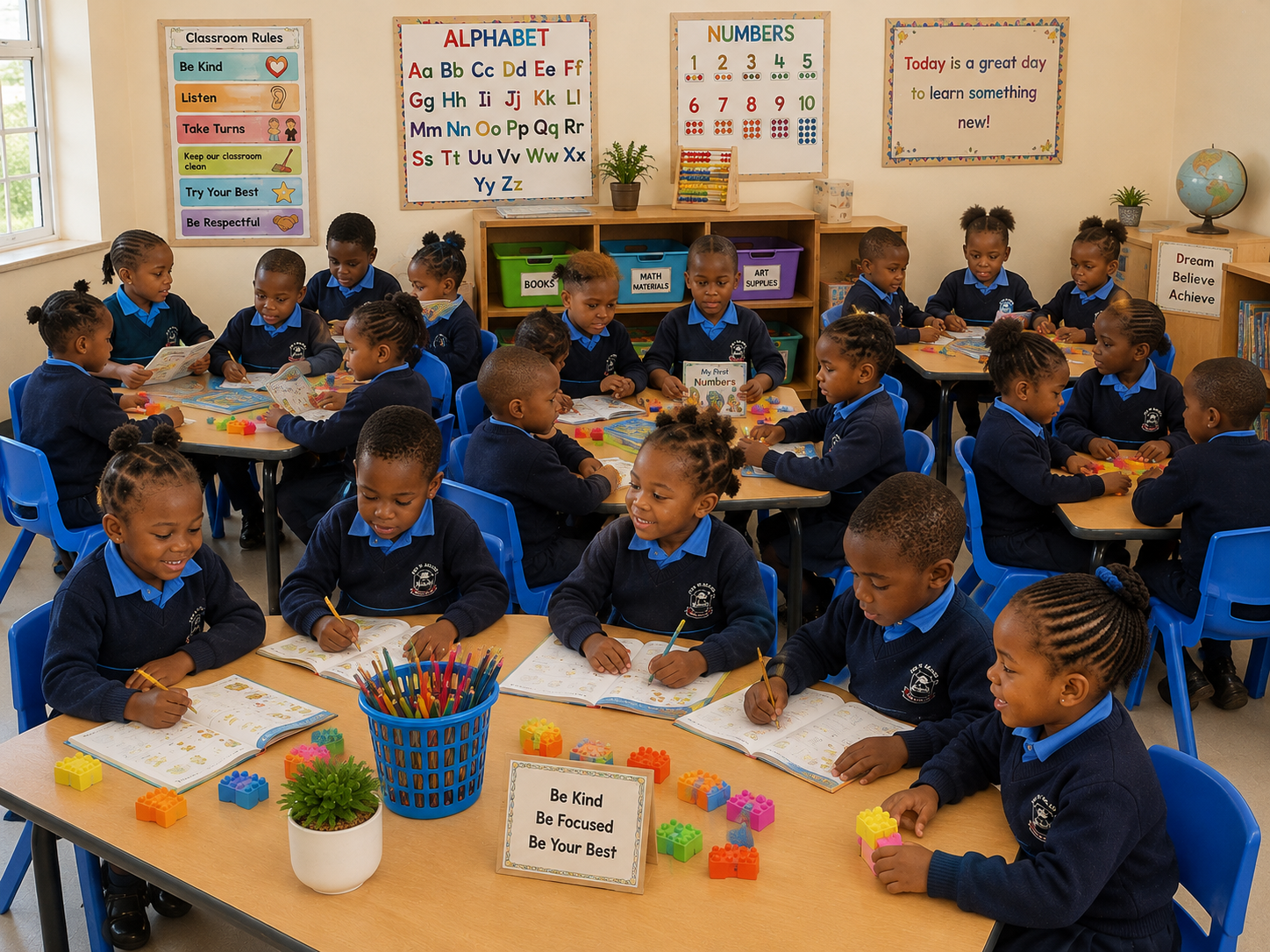 Learners exploring and creating in a bright classroom
